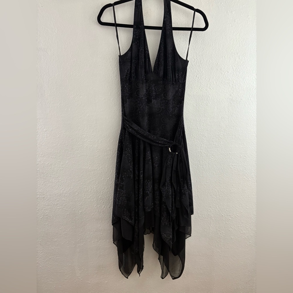 Co-me Como black halter V-neck cinched waist asymmetrical hemline layered size M